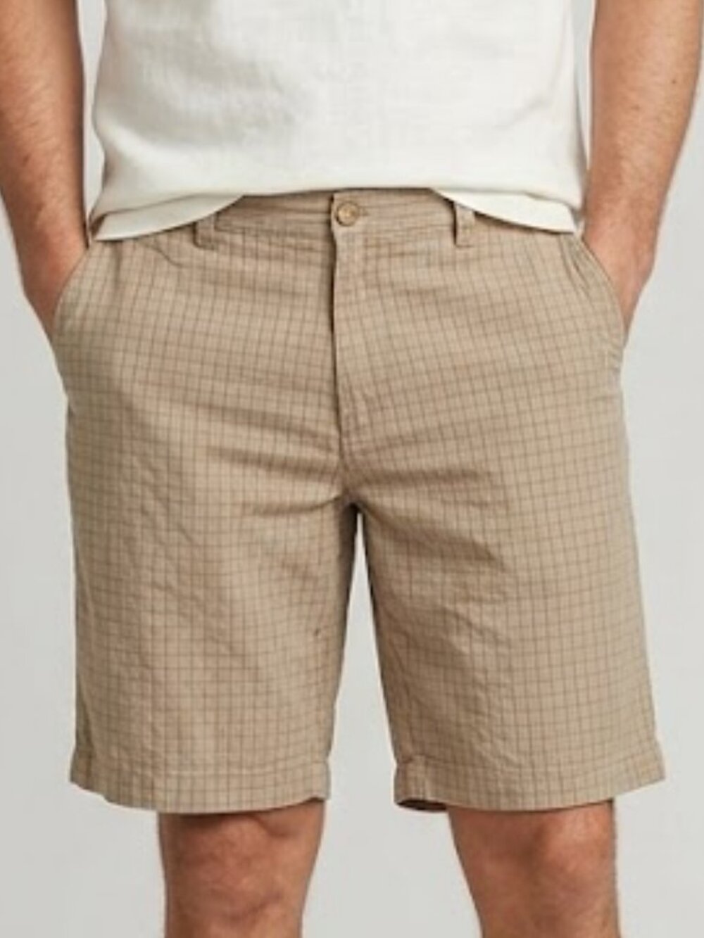 Tommy Bahama Mens Shorts 40 Linen Silk Tan Blue Grid Plaid Beach Resort Casual